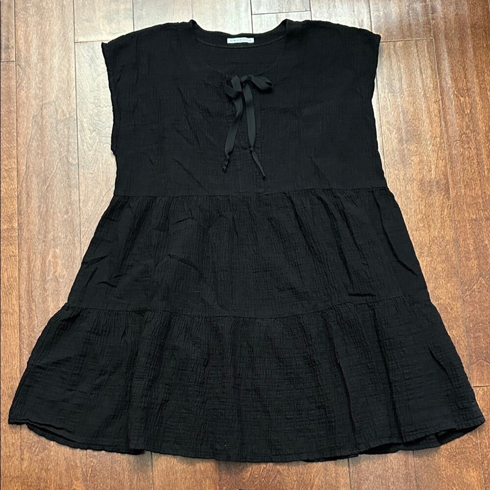 Robin Piccone Black Crinkle Gauze Sleeveless Dress with Bow Detail, Size Large